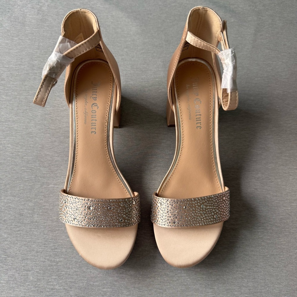 Juicy Couture Beige Rhinestone Ankle-Strap Block Heel Sandals